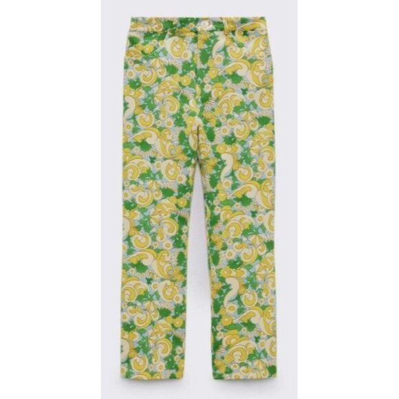 ZARA Retro 70s Green Yellow Paisley Print High Waist Pants Women's Size Medium - Picture 7 of 15